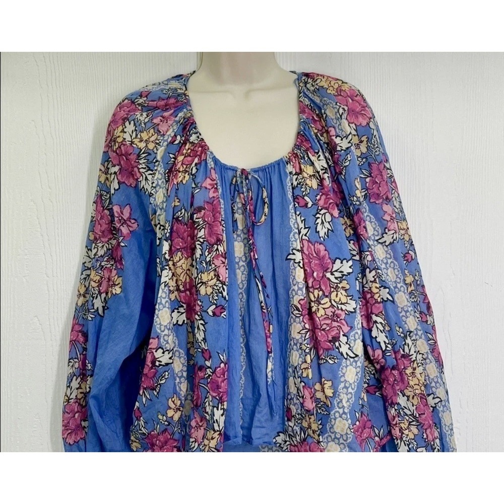 FREE PEOPLE NWT Blue Floral Tie Neck Long Sleeve Rayon Woven Blouse Top M